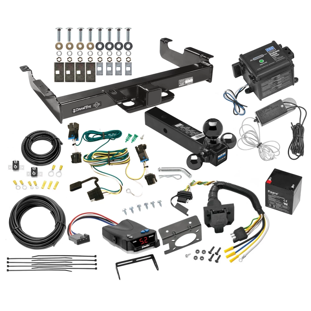 Class 5 2-1/2" Receiver Hitch For 03-14 Chevy Express GMC Savana 1500 03-25 2500 3500 w/ Draw-Tite Trailer Brake Control 7-Way RV Wiring Breakaway Battery Charger Complete System Tri-Tow-Ball 1-7/8" 2" 2-5/16"
