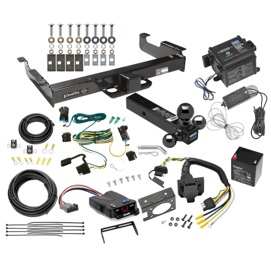 Class 5 2-1/2" Receiver Hitch For 03-14 Chevy Express GMC Savana 1500 03-25 2500 3500 w/ Draw-Tite Trailer Brake Control 7-Way RV Wiring Breakaway Battery Charger Complete System Tri-Tow-Ball 1-7/8" 2" 2-5/16"
