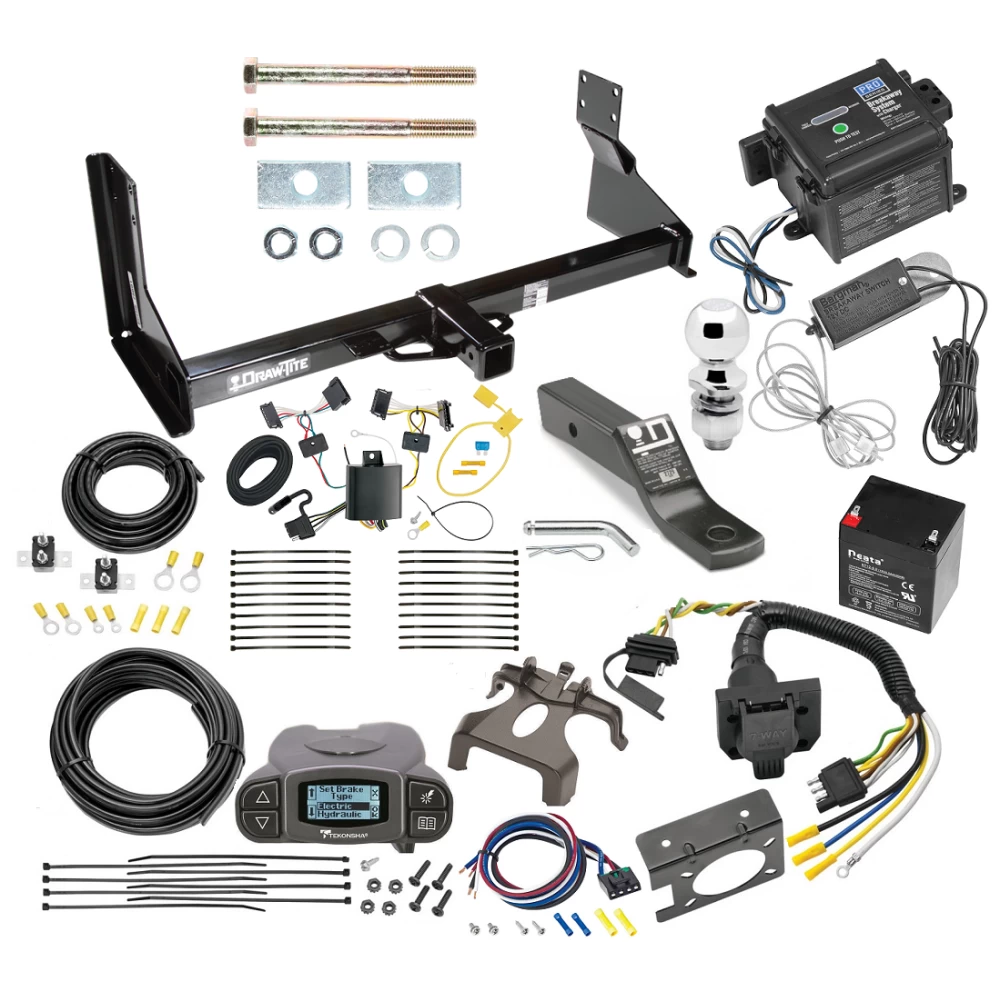 Trailer Hitch and Brake Control Kit For 14-25 Freightliner Mercedes-Benz Sprinter 1500 2500 3500 w/ Factory Step Bumper Tekonsha Prodigy P3 Brake Controller 7-Way RV Wiring Breakaway Battery Charger Complete System Receiver 2" Tow Ball with factory s