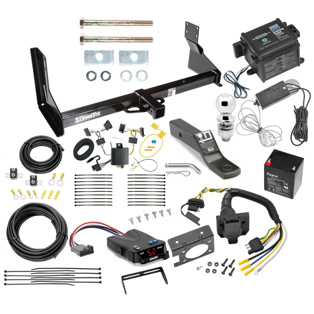 Trailer Hitch and Brake Control Kit For 07-13 Mercedes-Benz Freightliner 07-09 Dodge Sprinter 2500 3500 w/ Factory Step Bumper Controller 7-Way RV Wiring Breakaway Battery Charger Harness Complete System Receiver 2" Tow Ball with factory step bumper