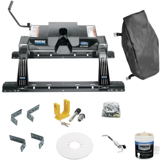 For 2001-2006 GMC Sierra 3500 Industry Standard Semi-Custom Above Bed Rail Kit + 16K Fifth Wheel + King Pin Lock + Base Rail Lock + 10" Lube Plate + Fifth Wheel Cover + Lube (For 6-1/2' and 8 foot Bed, w/o Factory Puck System Models) By Reese