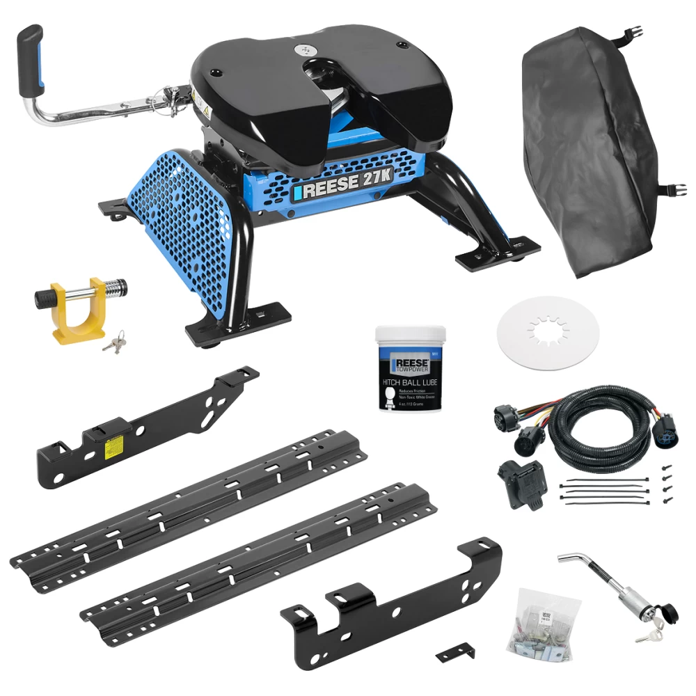 For 2011-2016 Ford F-450 Super Duty Custom Industry Standard Above Bed Rail Kit + Reese M5 27K Fifth Wheel + In-Bed Wiring + King Pin Lock + Base Rail Lock + 10" Lube Plate + Fifth Wheel Cover + Lube (For 6-1/2' and 8 foot Bed, Except Cab & Chass