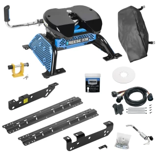 For 2011-2016 Ford F-450 Super Duty Custom Industry Standard Above Bed Rail Kit + Reese M5 27K Fifth Wheel + In-Bed Wiring + King Pin Lock + Base Rail Lock + 10" Lube Plate + Fifth Wheel Cover + Lube (For 6-1/2' and 8 foot Bed, Except Cab & Chass
