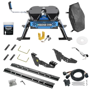 For 1999-2013 Chevrolet Silverado 1500 Custom Industry Standard Above Bed Rail Kit + Reese M5 27K Fifth Wheel + In-Bed Wiring + King Pin Lock + Base Rail Lock + 10" Lube Plate + Fifth Wheel Cover + Lube (For 5'8 or Shorter Bed (Sidewinder Required), 