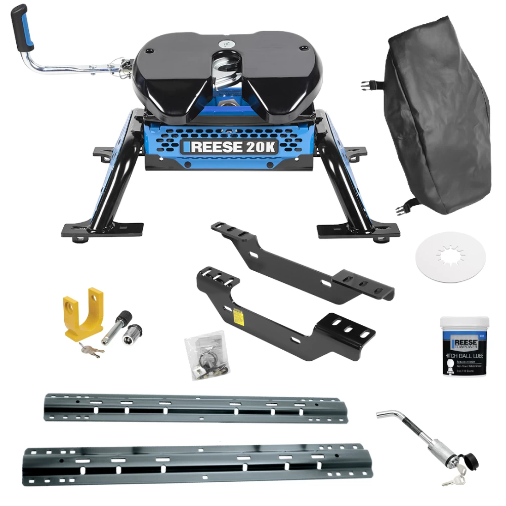 For 2011-2019 Chevrolet Silverado 2500 HD Custom Industry Standard Above Bed Rail Kit + Reese M5 20K Fifth Wheel + King Pin Lock + Base Rail Lock + 10" Lube Plate + Fifth Wheel Cover + Lube (For 6-1/2' and 8 foot Bed, Except w/OEM HD Towing Prep Pack