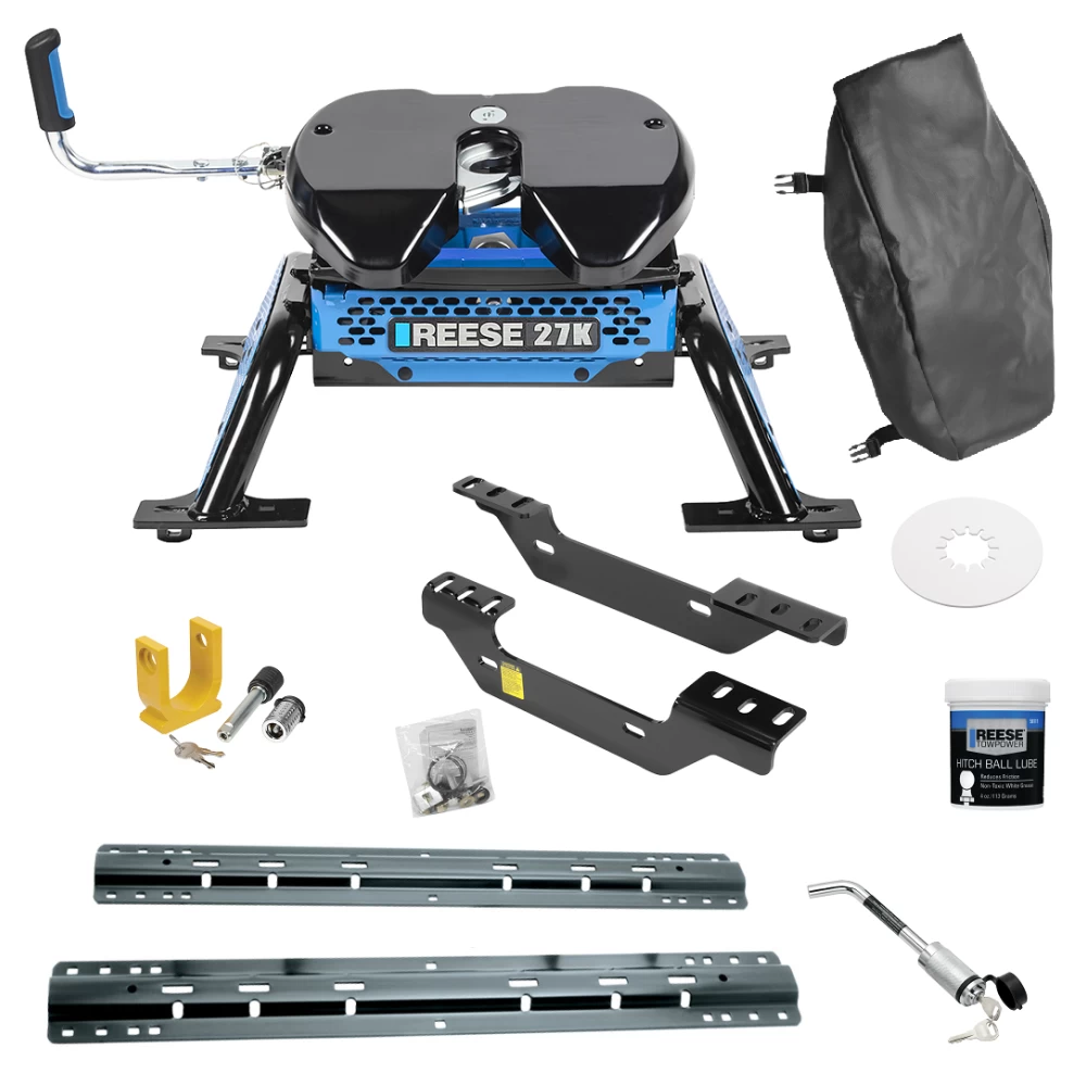 For 2011-2019 Chevrolet Silverado 2500 HD Custom Industry Standard Above Bed Rail Kit + Reese M5 27K Fifth Wheel + King Pin Lock + Base Rail Lock + 10" Lube Plate + Fifth Wheel Cover + Lube (For 6-1/2' and 8 foot Bed, Except w/OEM HD Towing Prep Pack