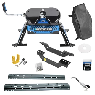For 2011-2019 Chevrolet Silverado 2500 HD Custom Industry Standard Above Bed Rail Kit + Reese M5 27K Fifth Wheel + King Pin Lock + Base Rail Lock + 10" Lube Plate + Fifth Wheel Cover + Lube (For 6-1/2' and 8 foot Bed, Except w/OEM HD Towing Prep Pack