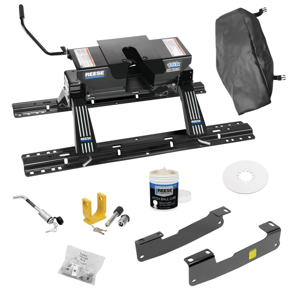 For 2004-2014 Ford F-150 Custom Industry Standard Above Bed Rail Kit + 16K Fifth Wheel + King Pin Lock + Base Rail Lock + 10" Lube Plate + Fifth Wheel Cover + Lube (For 5'8 or Shorter Bed (Sidewinder Required), w/o Factory Puck System Models) By Rees