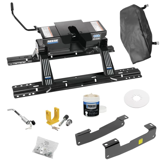 For 2004-2014 Ford F-150 Custom Industry Standard Above Bed Rail Kit + 16K Fifth Wheel + King Pin Lock + Base Rail Lock + 10" Lube Plate + Fifth Wheel Cover + Lube (For 5'8 or Shorter Bed (Sidewinder Required), w/o Factory Puck System Models) By Rees