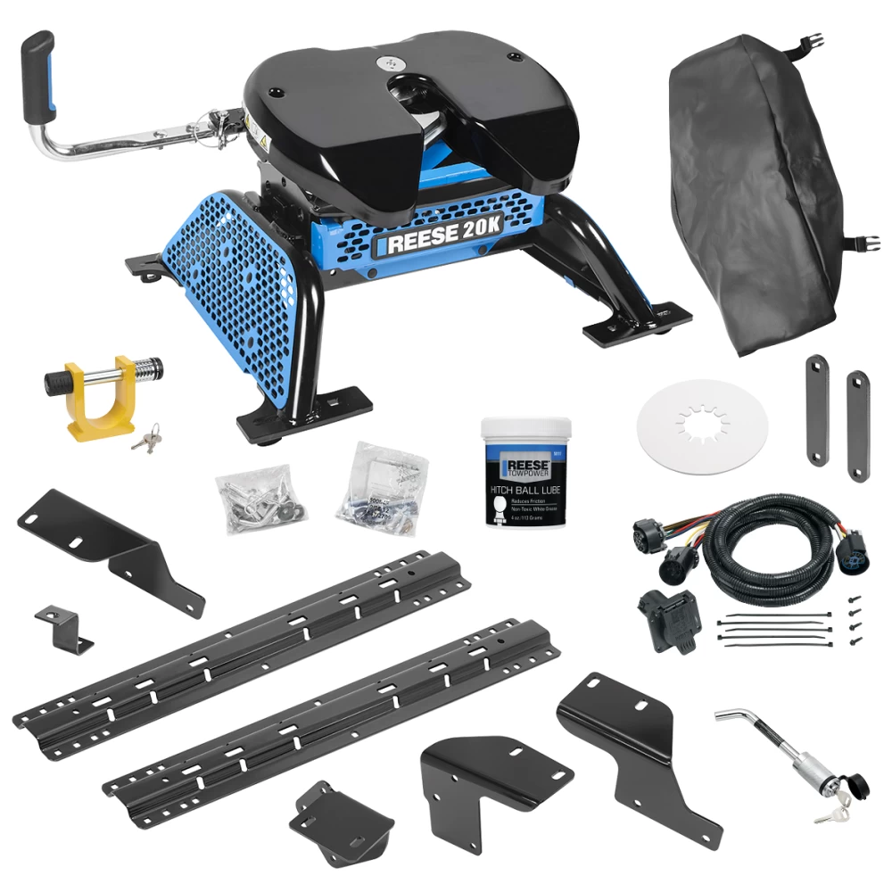 For 2007-2021 Toyota Tundra Custom Industry Standard Above Bed Rail Kit + Reese M5 20K Fifth Wheel + In-Bed Wiring + King Pin Lock + Base Rail Lock + 10" Lube Plate + Fifth Wheel Cover + Lube (For 6-1/2' and 8 foot Bed, w/o Factory Puck System Models