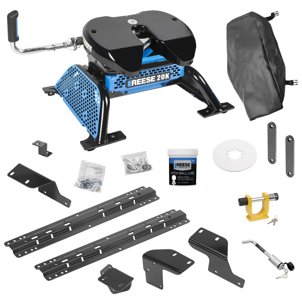 For 2007-2021 Toyota Tundra Custom Industry Standard Above Bed Rail Kit + Reese M5 20K Fifth Wheel + King Pin Lock + Base Rail Lock + 10" Lube Plate + Fifth Wheel Cover + Lube (For 5'8 or Shorter Bed (Sidewinder Required), w/o Factory Puck System Mod