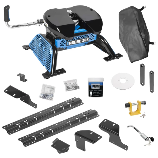 For 2007-2021 Toyota Tundra Custom Industry Standard Above Bed Rail Kit + Reese M5 20K Fifth Wheel + King Pin Lock + Base Rail Lock + 10" Lube Plate + Fifth Wheel Cover + Lube (For 5'8 or Shorter Bed (Sidewinder Required), w/o Factory Puck System Mod