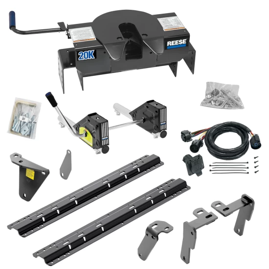 For 2013-2024 RAM 3500 Custom Industry Standard Above Bed Rail Kit + 20K Fifth Wheel + Round Tube Slider + In-Bed Wiring (For 6-1/2' or Shorter Bed, w/o Factory Puck System Models) By Reese