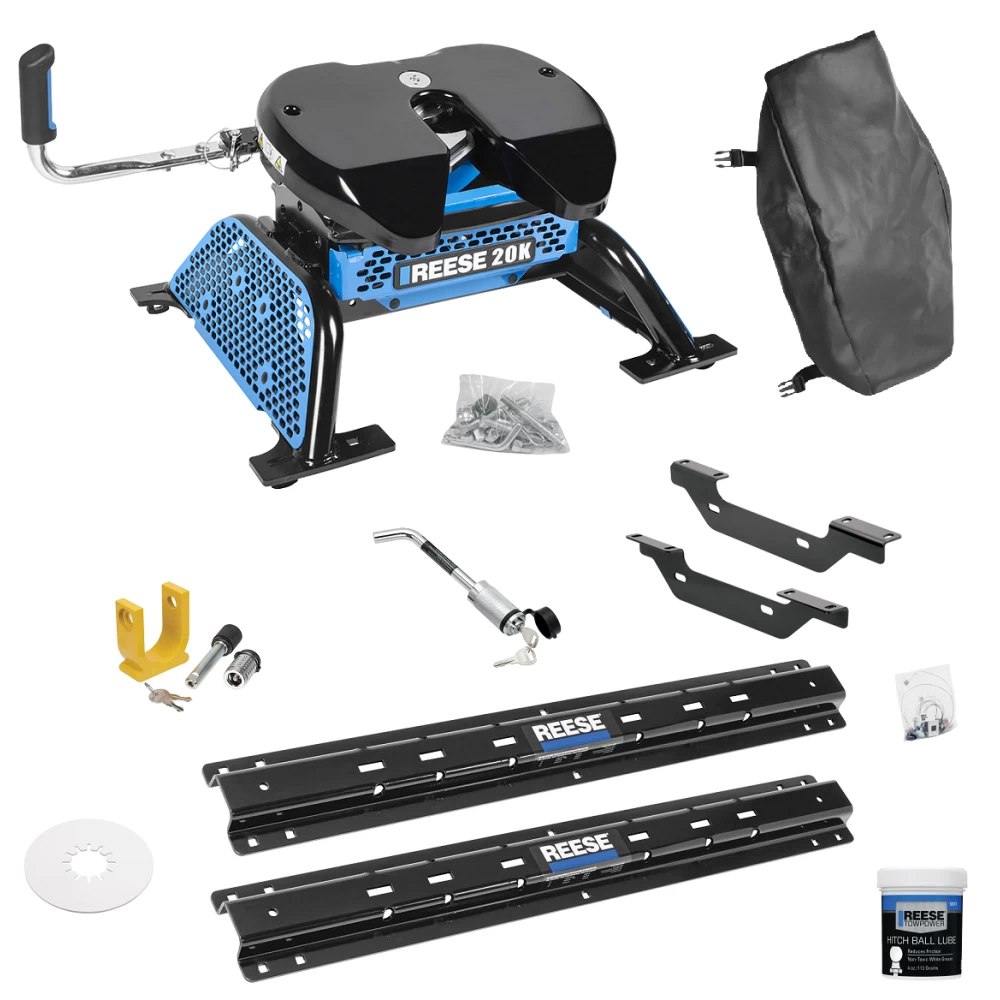 For 2011-2019 GMC Sierra 2500 HD Custom Outboard Above Bed Rail Kit + Reese M5 20K Fifth Wheel + King Pin Lock + Base Rail Lock + 10" Lube Plate + Fifth Wheel Cover + Lube (For 5'8 or Shorter Bed (Sidewinder Required), Except w/OEM HD Towing Prep Pac