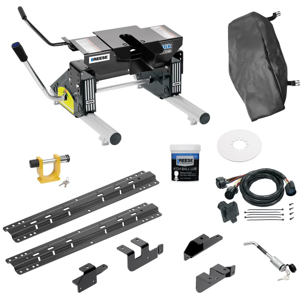 For 2014-2024 RAM 2500 Custom Outboard Above Bed Rail Kit + 16K Fifth Wheel + Round Tube Slider + In-Bed Wiring + King Pin Lock + Base Rail Lock + 10" Lube Plate + Fifth Wheel Cover + Lube (For 6-1/2' or Shorter Bed, w/o Factory Puck System Models) B