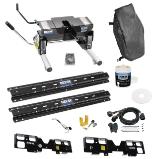For 2020-2024 Chevrolet Silverado 1500 Custom Outboard Above Bed Rail Kit + 16K Fifth Wheel + Round Tube Slider + In-Bed Wiring + King Pin Lock + Base Rail Lock + 10" Lube Plate + Fifth Wheel Cover + Lube (For 6-1/2' or Shorter Bed, w/o Factory Puck 