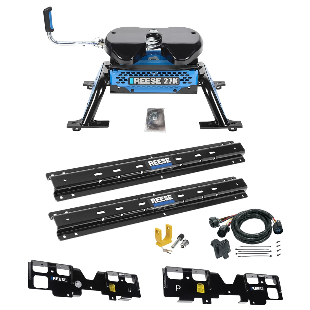 For 2020-2024 Chevrolet Silverado 1500 Custom Outboard Above Bed Rail Kit + Reese M5 27K Fifth Wheel + In-Bed Wiring + King Pin Lock (For 5'8 or Shorter Bed (Sidewinder Required), w/o Factory Puck System Models) By Reese
