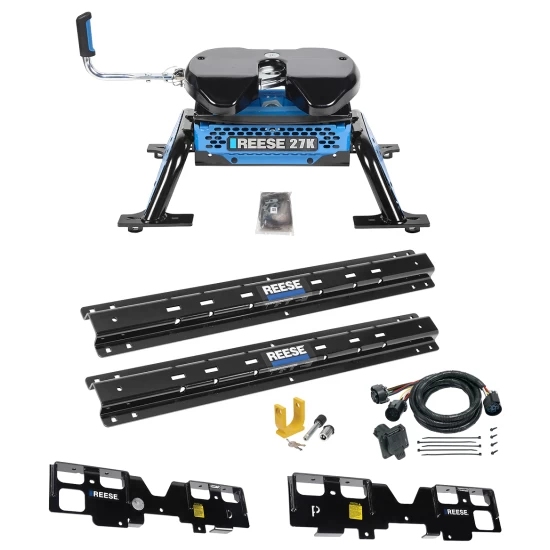 For 2020-2024 Chevrolet Silverado 1500 Custom Outboard Above Bed Rail Kit + Reese M5 27K Fifth Wheel + In-Bed Wiring + King Pin Lock (For 5'8 or Shorter Bed (Sidewinder Required), w/o Factory Puck System Models) By Reese