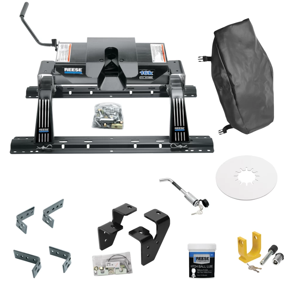 For 2003-2010 Dodge Ram 3500 Industry Standard Semi-Custom Above Bed Rail Kit + 16K Fifth Wheel + King Pin Lock + Base Rail Lock + 10" Lube Plate + Fifth Wheel Cover + Lube (For 5'8 or Shorter Bed (Sidewinder Required), w/Overload Springs, w/o Factor