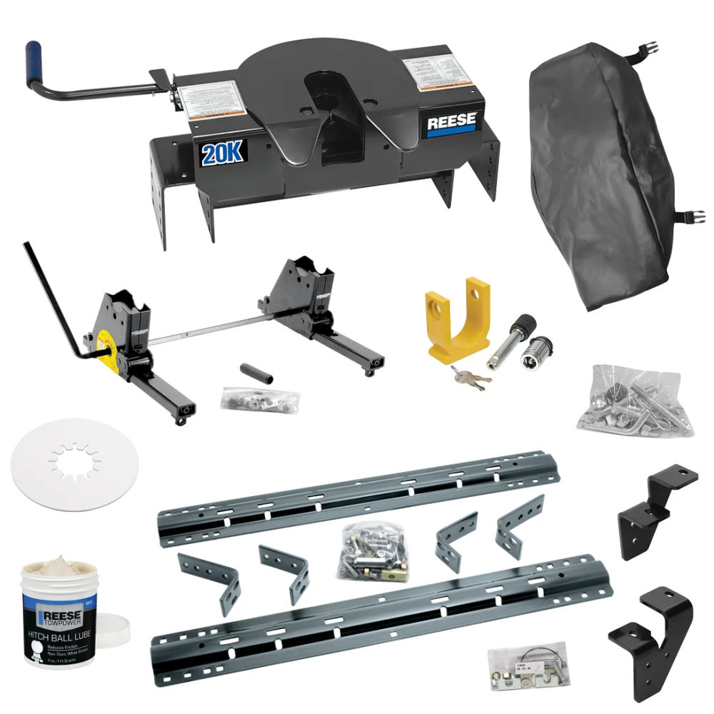 For 2003-2010 Dodge Ram 2500 Industry Standard Semi-Custom Above Bed Rail Kit + 20K Fifth Wheel + Square Slider + In-Bed Wiring + King Pin Lock + Base Rail Lock + 10" Lube Plate + Fifth Wheel Cover + Lube (For 6-1/2' or Shorter Bed, w/Overload Spring