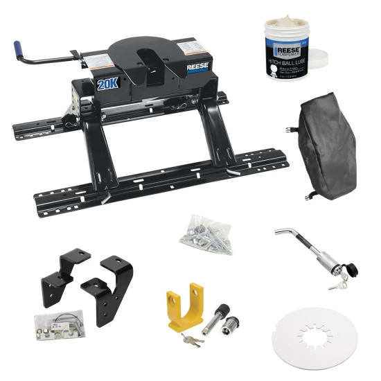 For 2003-2010 Dodge Ram 2500 Industry Standard Semi-Custom Above Bed Rail Kit + 20K Fifth Wheel + King Pin Lock + Base Rail Lock + 10" Lube Plate + Fifth Wheel Cover + Lube (For 6-1/2' and 8 foot Bed, w/Overload Springs, w/o Factory Puck System Model