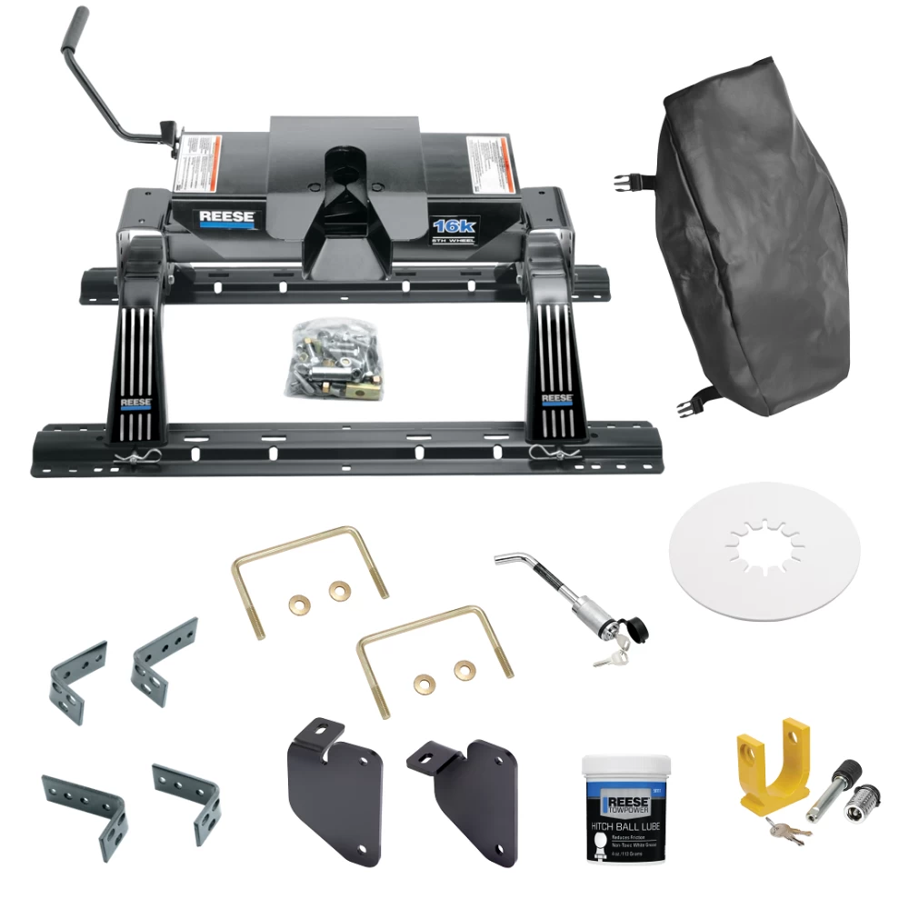 For 2013-2024 RAM 3500 Industry Standard Semi-Custom Above Bed Rail Kit + 16K Fifth Wheel + King Pin Lock + Base Rail Lock + 10" Lube Plate + Fifth Wheel Cover + Lube (For 5'8 or Shorter Bed (Sidewinder Required), w/o Factory Puck System Models) By R