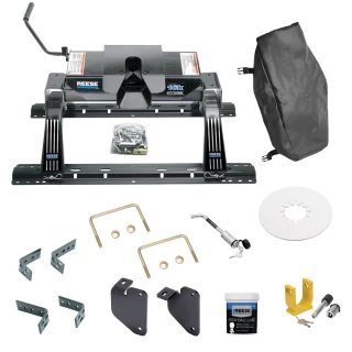 For 2013-2024 RAM 3500 Industry Standard Semi-Custom Above Bed Rail Kit + 16K Fifth Wheel + King Pin Lock + Base Rail Lock + 10" Lube Plate + Fifth Wheel Cover + Lube (For 5'8 or Shorter Bed (Sidewinder Required), w/o Factory Puck System Models) By R