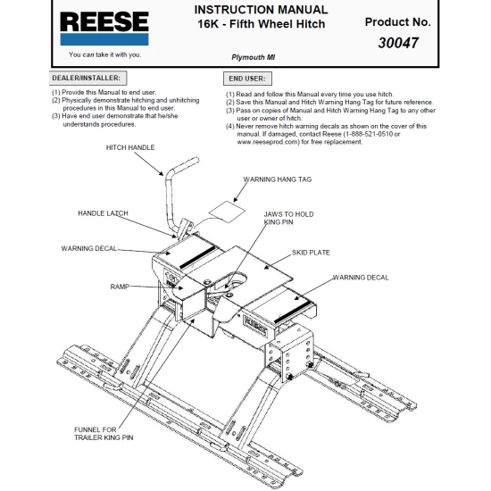 Reese Dual Jaw 16K Fifth Wheel Trailer Hitch W/ Rails For 1994-2004 Dodge Dakota Base Rail Kit 5th Wheel Brackets Hardware