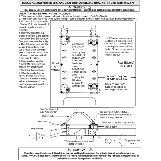 Reese Adaptor Bracket 58186 Required for Install of Universal Base Rail Kit 30035 for 2003-2012 Dodge Ram 2500 3500 w/ Overload Springs