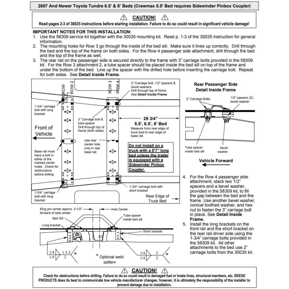 Adaptor Bracket 58309 (This kit is required if you have universal rails for example Reese part 30035) 58309 2007 2008 2009 07 08 09 Toyota Tundra Reese Required Bracket Universal Rails 30035 Reese Adaptor Bracket 58309 Required for Install of Universal Base Rail Kit 30035 for 2007-2021 Toyota Tundra