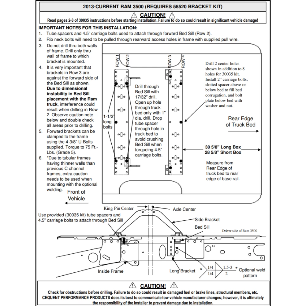 Reese Adaptor Bracket 58520 Required for Install of Universal Base Rail Kit 30035 for 2013-2025 Ram 3500