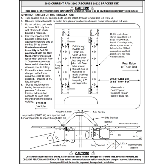 Reese Adaptor Bracket 58520 Required for Install of Universal Base Rail Kit 30035 for 2013-2025 Ram 3500