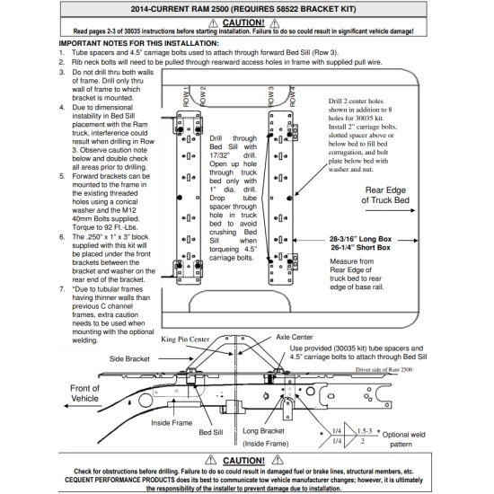 Reese Base Rail Kit w/ Custom Bracket For 2014-2025 Ram 3500 Above Bed Accepts all Industry Standard Gooseneck and Fifth Wheel Hitches