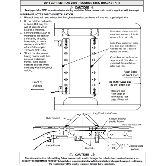 Reese Base Rail Kit w/ Custom Bracket For 2014-2025 Ram 3500 Above Bed Accepts all Industry Standard Gooseneck and Fifth Wheel Hitches