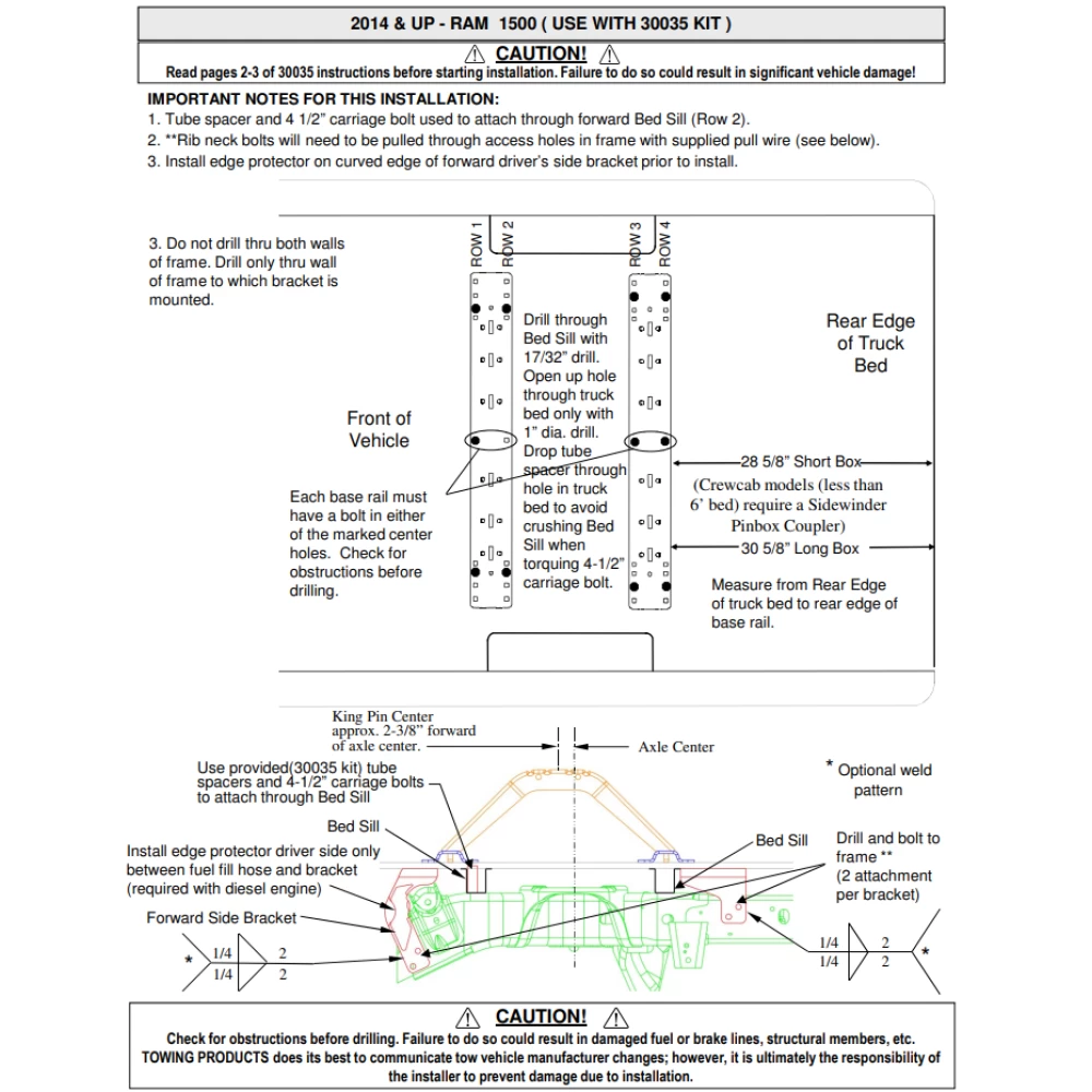 Reese Adaptor Bracket 58523 Required for Install of Universal Base Rail Kit 30035 for 2014-2018 Dodge Ram 1500 2019-2024 Ram 1500 Classic Old Body
