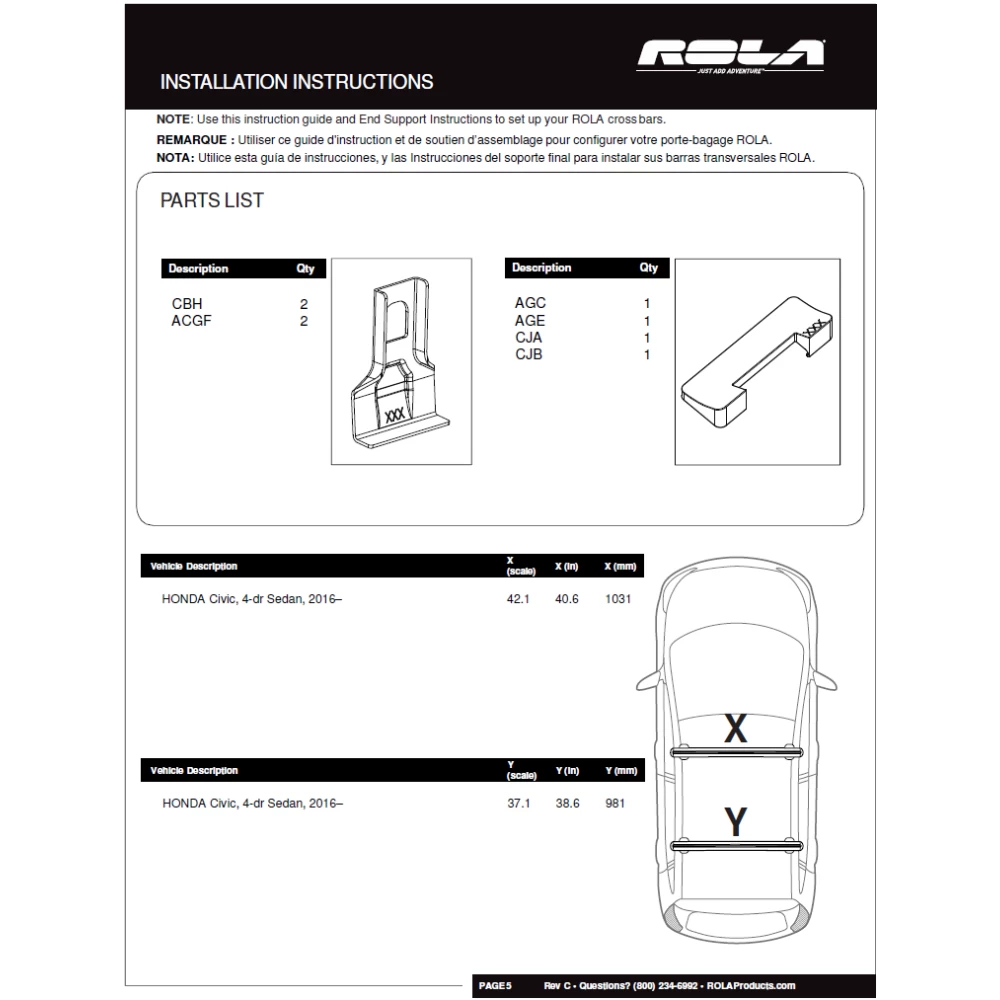 Rola Roof Rack Cross Bars For 16-23 Honda Civic Sedan Only with naked roof Aluminum Extreme Cross Bar DFE Series