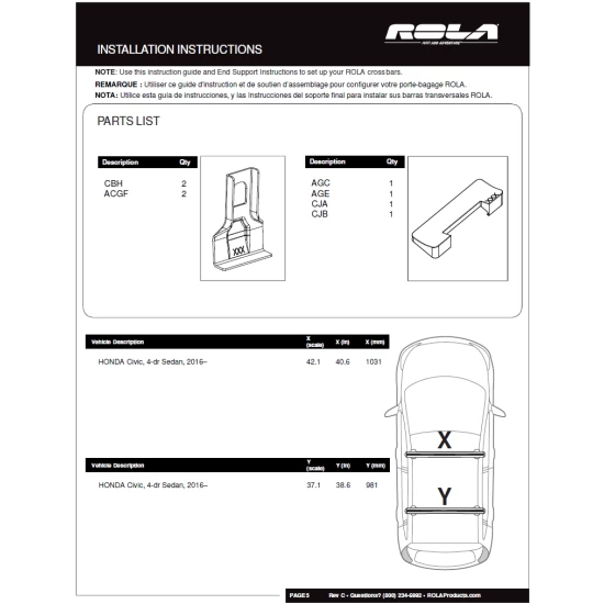 Rola Roof Rack Cross Bars For 16-23 Honda Civic Sedan Only with naked roof Aluminum Extreme Cross Bar DFE Series