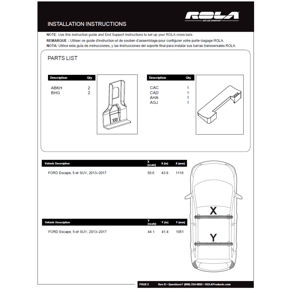 Rola Roof Rack Cross Bars w/ Keys For 13-19 Ford Escape Aluminum Extreme Cross Bar DFE Series