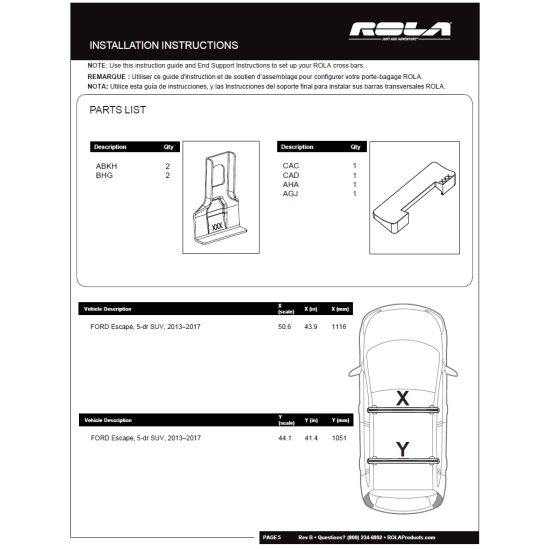 Rola Roof Rack Cross Bars w/ Keys For 13-19 Ford Escape with naked roof Aluminum Extreme Cross Bar DFE Series