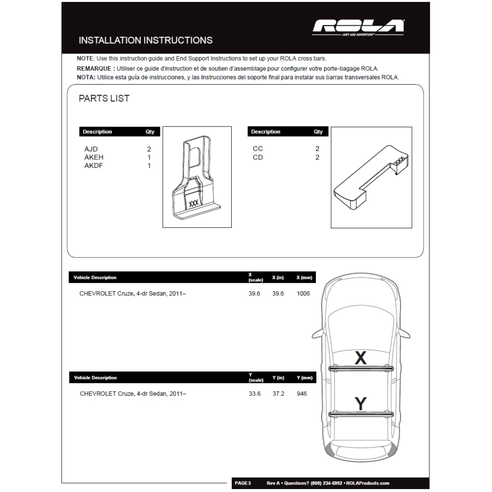 Rola Roof Rack Cross Bars For 11-19 Chevy Cruze with naked roof Aluminum Extreme Cross Bar DFE Series