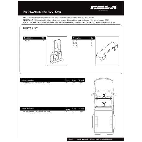 Rola Roof Rack Cross Bars For 05-22 Toyota Tacoma Double Cab with naked roof Aluminum Extreme Cross Bar DFE Series