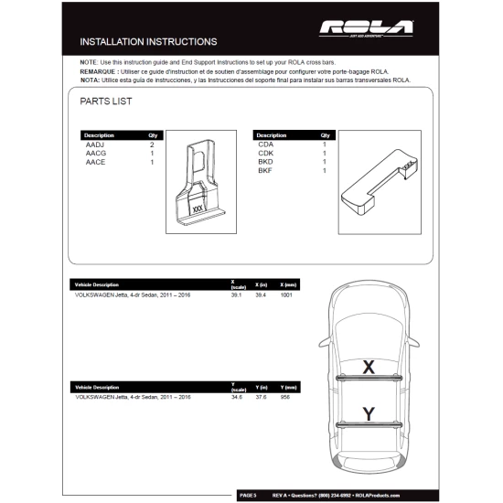 Rola Roof Rack Cross Bars w/ Keys For 11-18 Volkswagen Jetta Sedan with naked roof Aluminum Extreme Cross Bar DFE Series