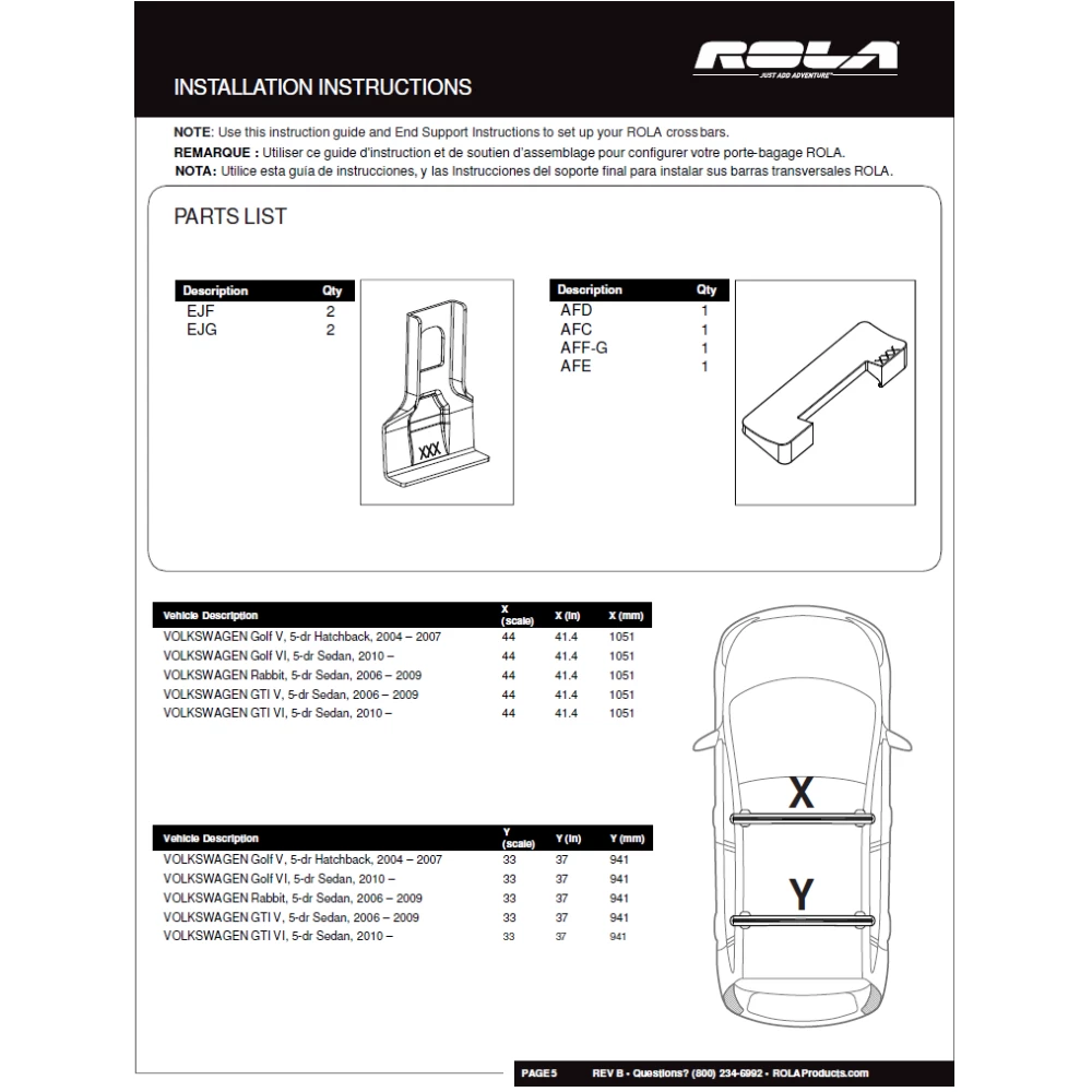 Rola Roof Rack Cross Bars w/ Keys For 06-14 Volkswagen Golf Rabbit GTI Only Aluminum Extreme Cross Bar DFE Series