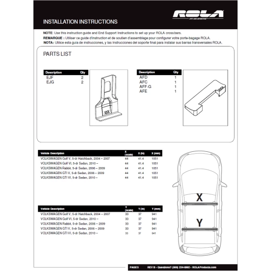 Rola Roof Rack Cross Bars For 06-14 VW Golf Rabbit and GTI Hatchback with naked roof Aluminum Extreme Cross Bar DFE Series