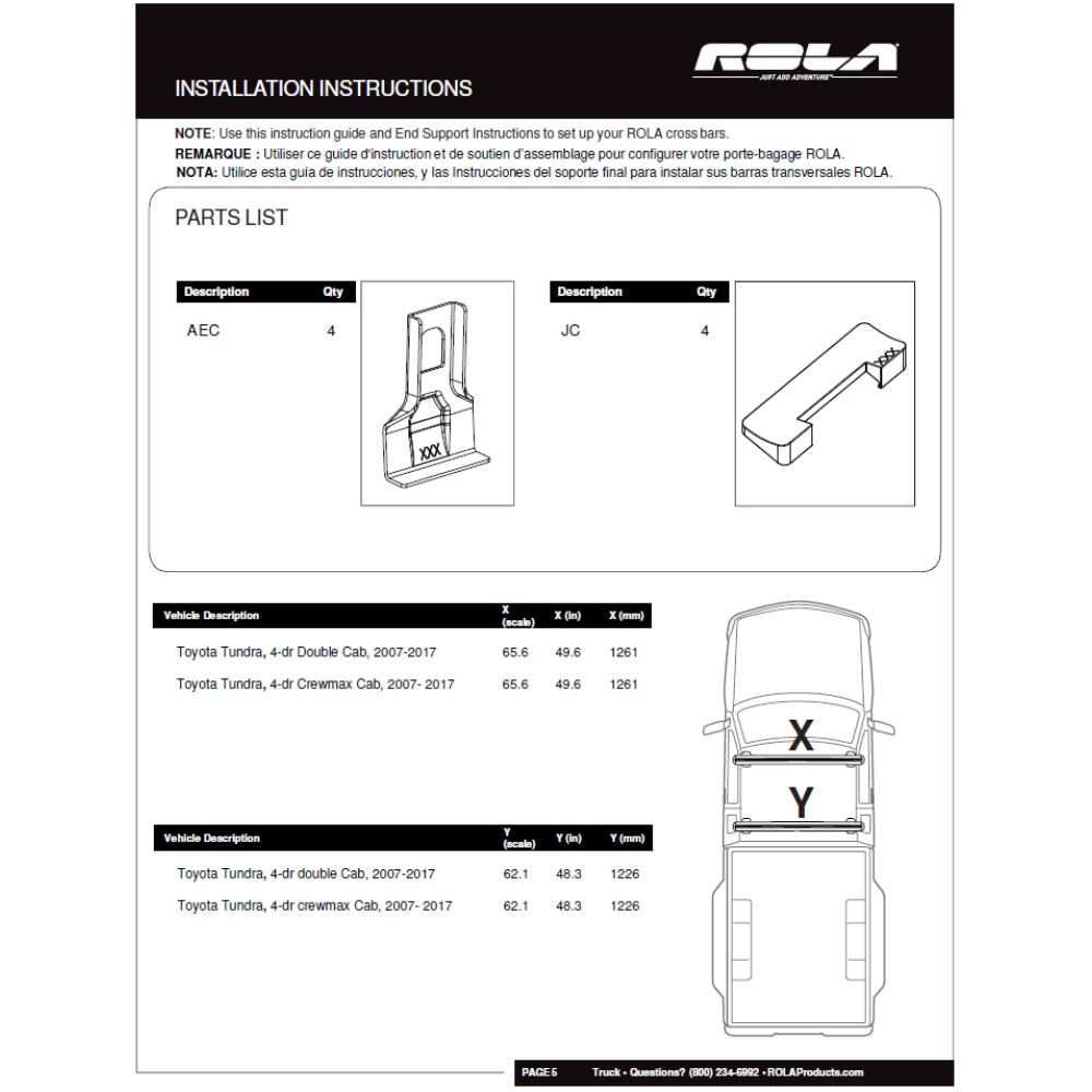 Rola Roof Rack Cross Bars For 07-21 Toyota Tundra Double & Crewmax Cab Aluminum Extreme Cross Bar DFE Series