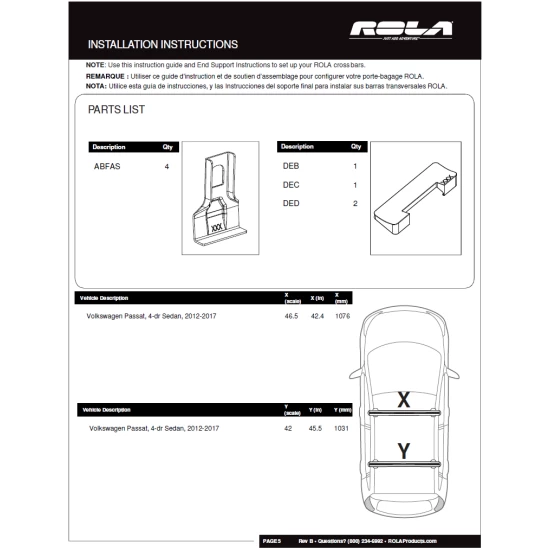 Rola Roof Rack Cross Bars w/ Keys For 12-21 Volkswagen Passat with naked roof Aluminum Extreme Cross Bar DFE Series