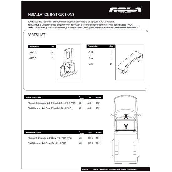 Rola Roof Rack Cross Bars w/ Keys For 15-22 Chevy Colorado GMC Canyon Extended Cab with naked roof Aluminum Extreme Cross Bar DFE Series