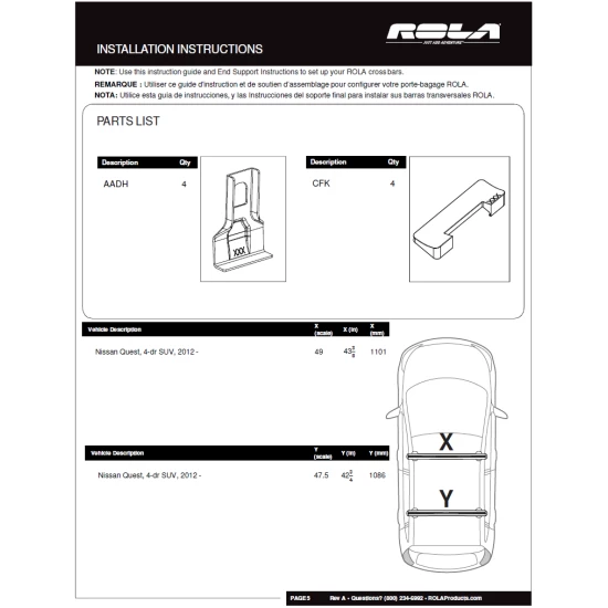 Rola Roof Rack Cross Bars For 09-17 Nissan Quest with naked roof Aluminum Extreme Cross Bar DFE Series