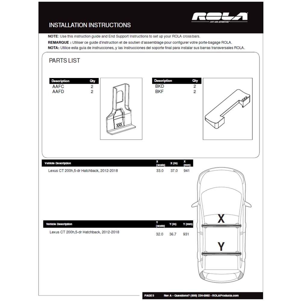Rola Roof Rack Cross Bars For 12-17 Lexus CT 200h Aluminum Extreme Cross Bar DFE Series