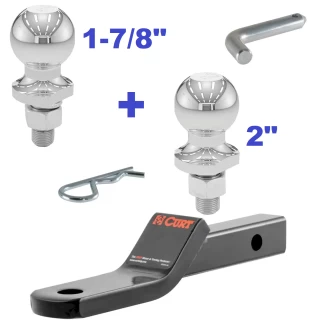 Class 2 Ball Mount 3,500 LBS Tow Kit w/ Dual 1-7/8" + 2" Balls - 7-13/16" Long Shank 3/8" Rise or Flip Around 1" Drop Includes Pin/Clip Curt Part Numbers 45503 21400 40001 40003